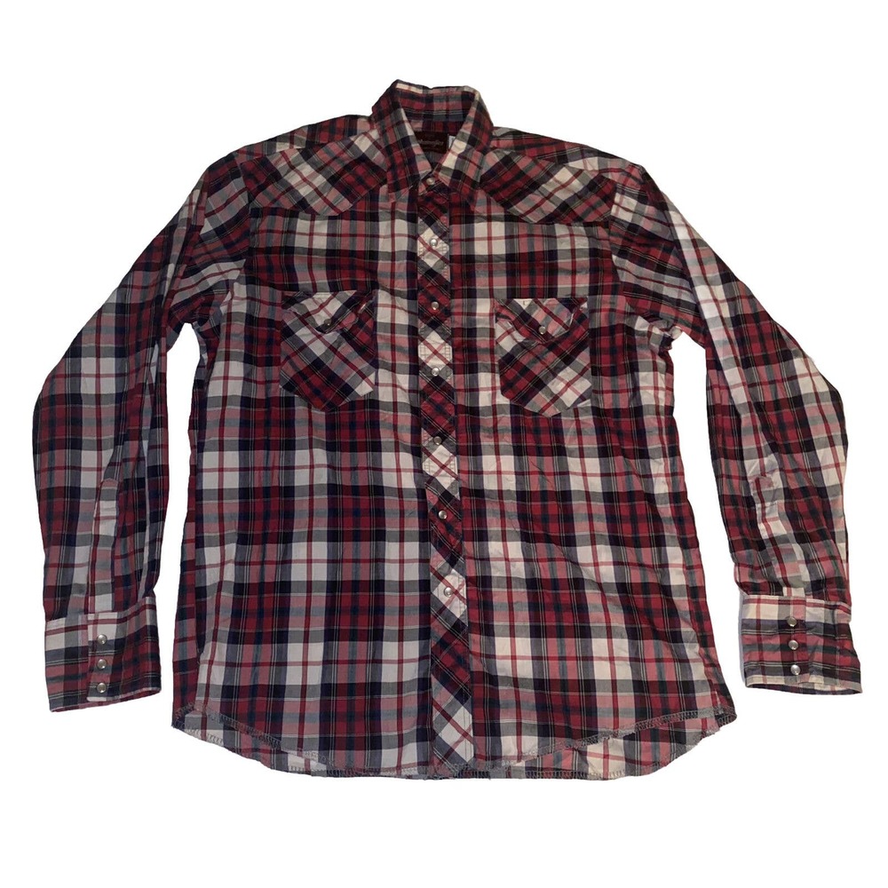 Wrangler Western Shirt Pearl Snap Burgundy Black Plaid‎ Long Sleeve Men Size 16